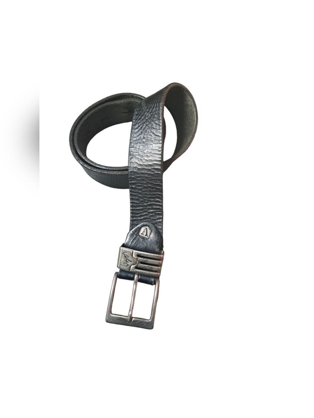 VTG VELEZ leather belt worn weathered rustic black heavy silver buckle unisex S